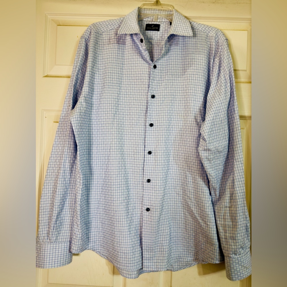 Daniel Hechter $110 Trim Fit Plaid Blue Grid Pattern Dress‎ Shirt Sz L 16-16.5